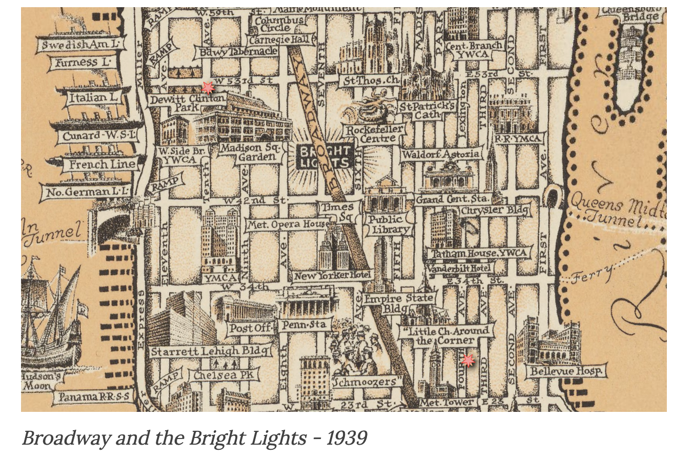 Screenshot of a 1939 map of New York City with GIS points superimposed on top of them.