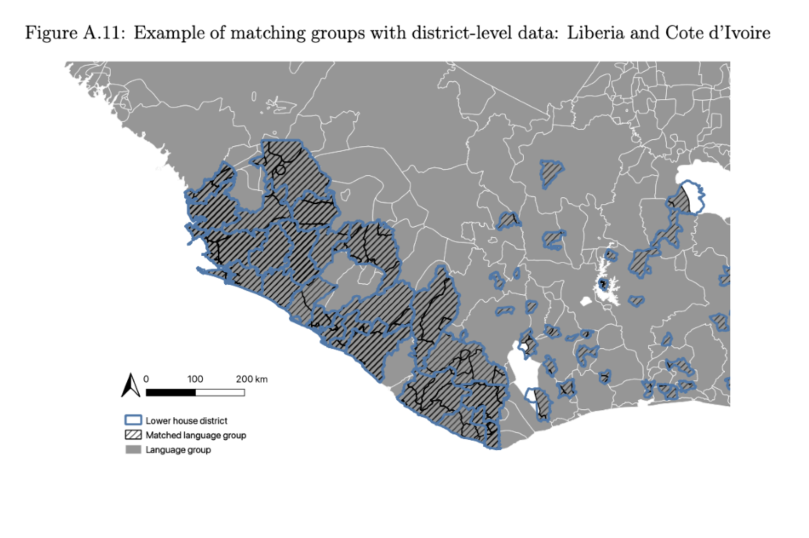 Map showing language groups in Liberia and how they don’t exactly match up with electoral districts