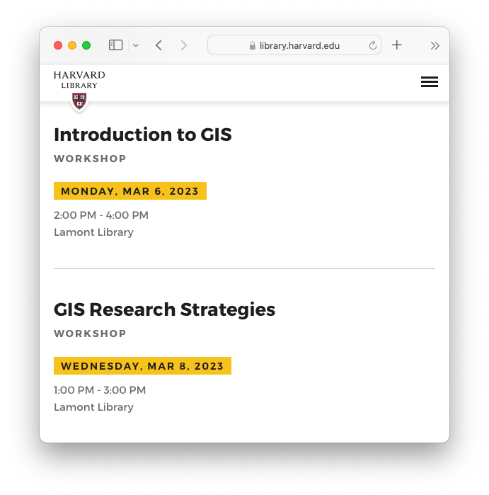 Library events calendar showing GIS workshops