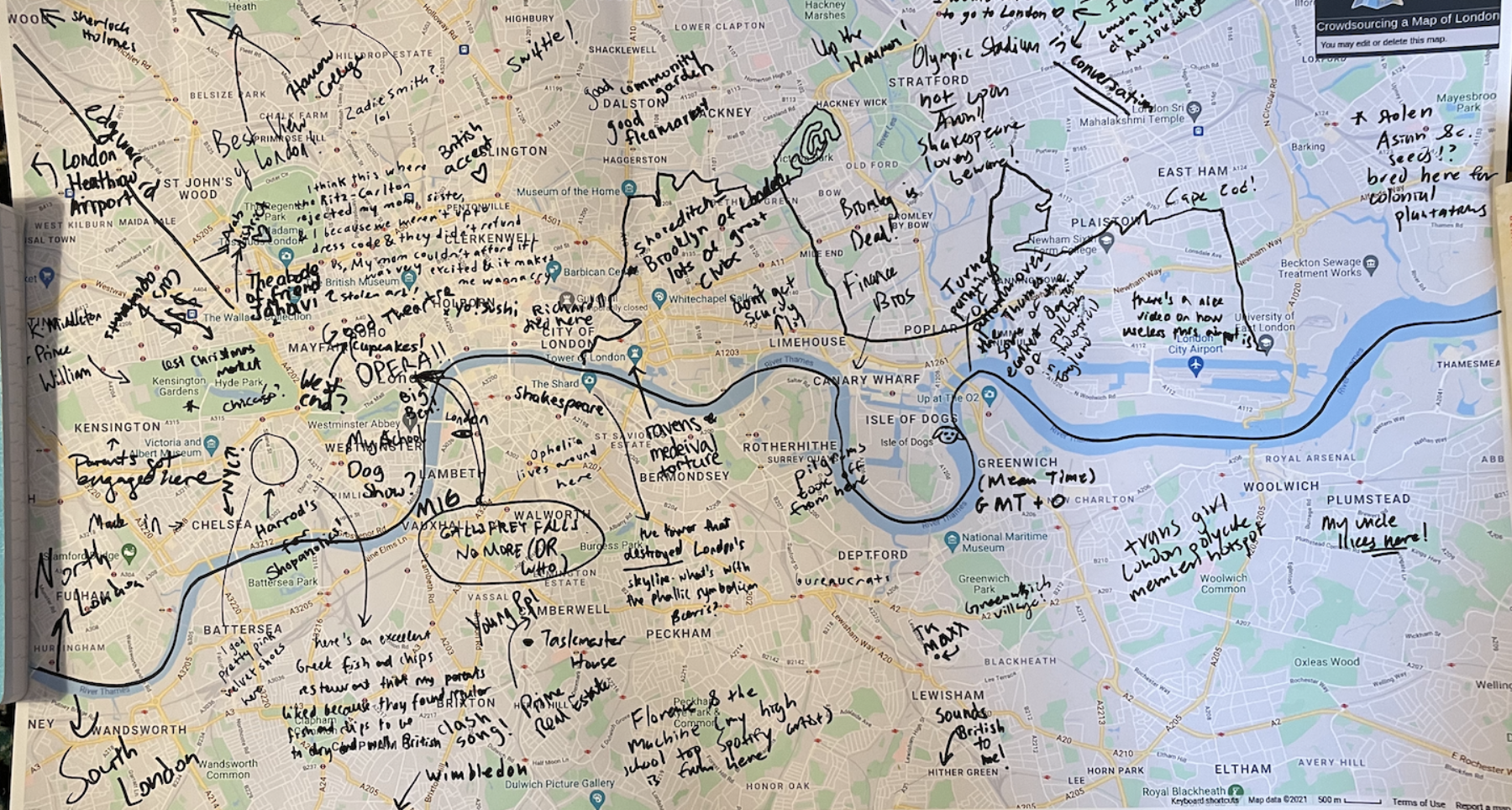 Photograph of crowdsourced map of London with sharpie annotations written on it.