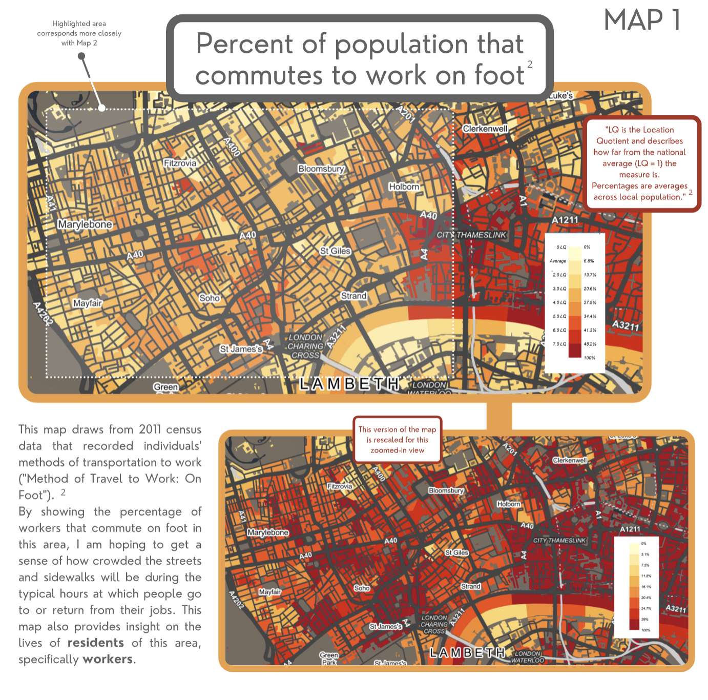 Screen capture of data maps showing people who commute by foot.