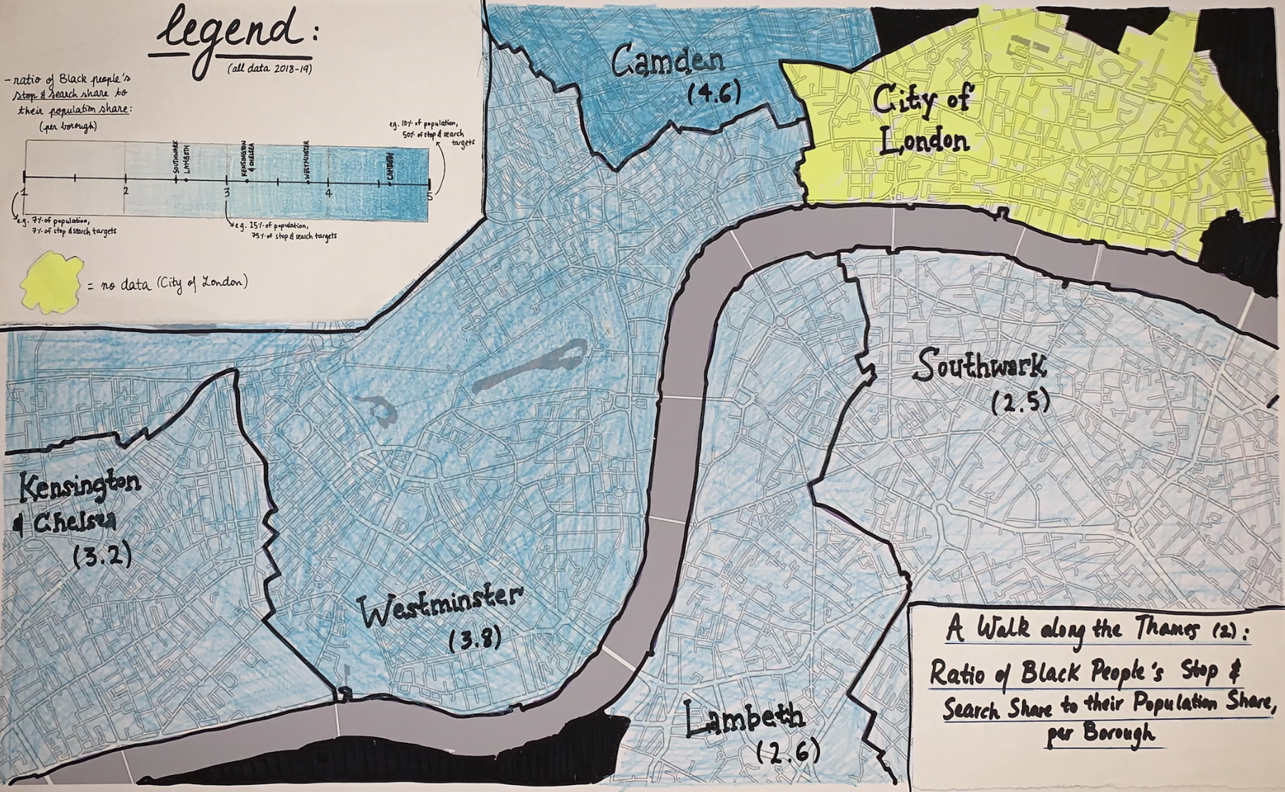 Photograph of map showing ratio of Black people's stop and search share to their population share by borough in London.