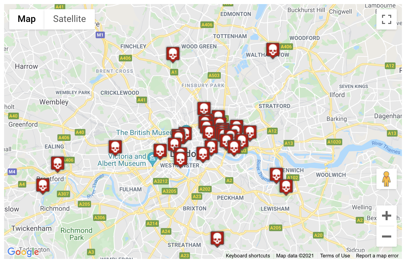 Screenshot of Google map showing historic plague pits in London