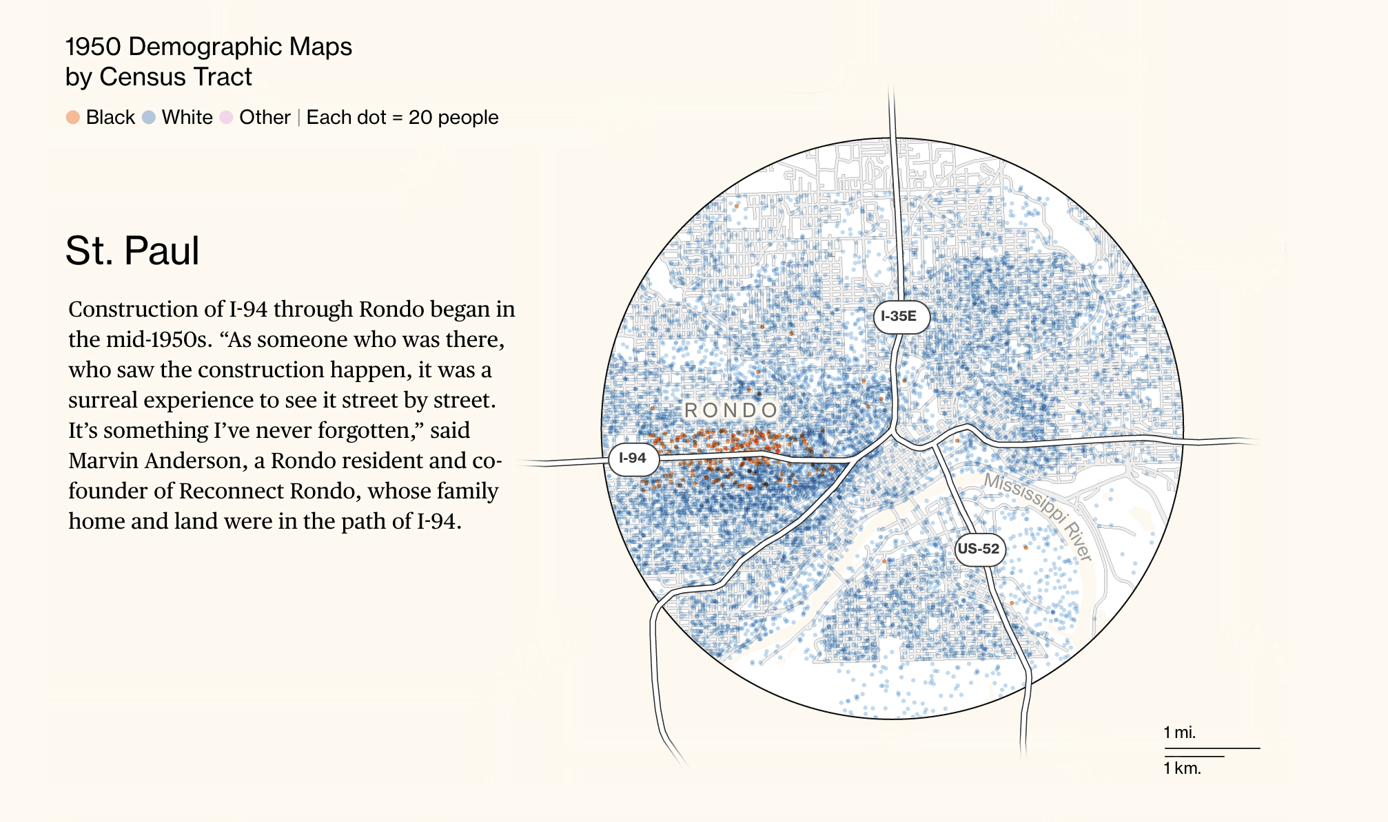 Screen capture from the article of one of the dot density maps, showing population in St. Paul represented with one dot for every 20 people