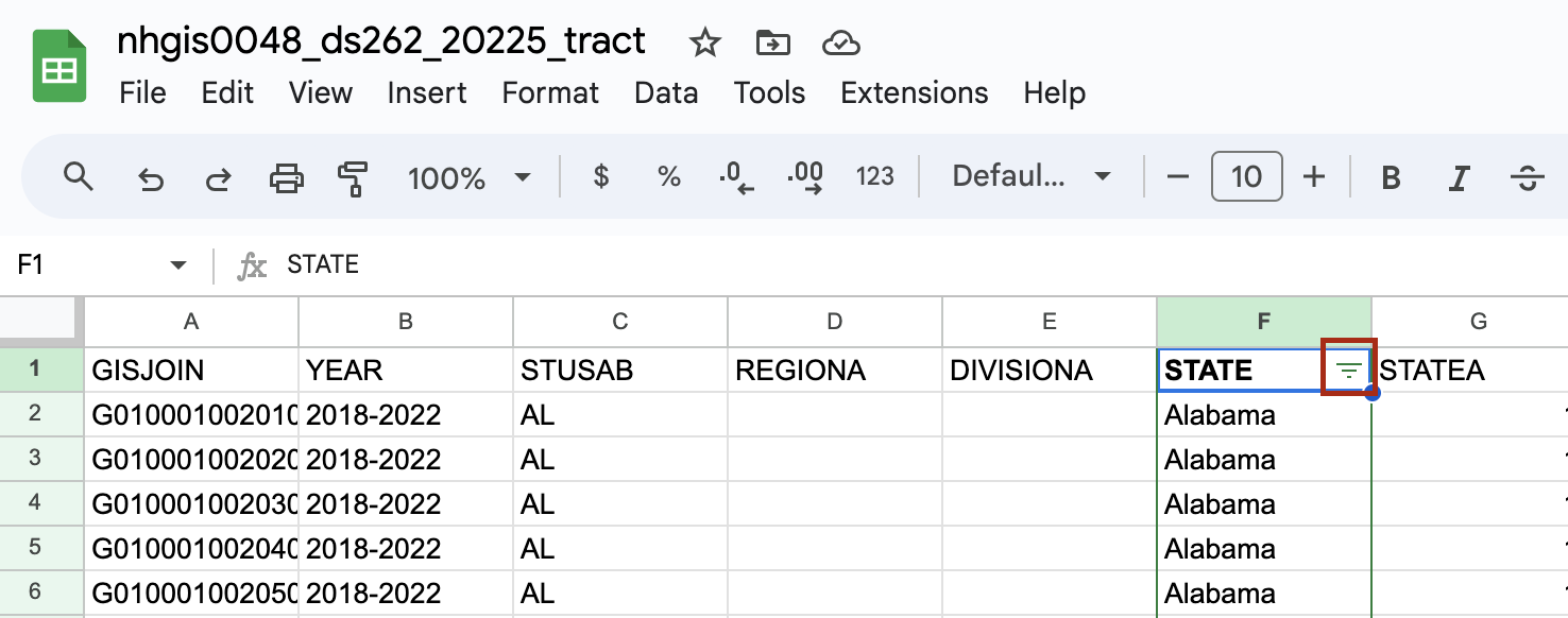 field filter button in google sheets