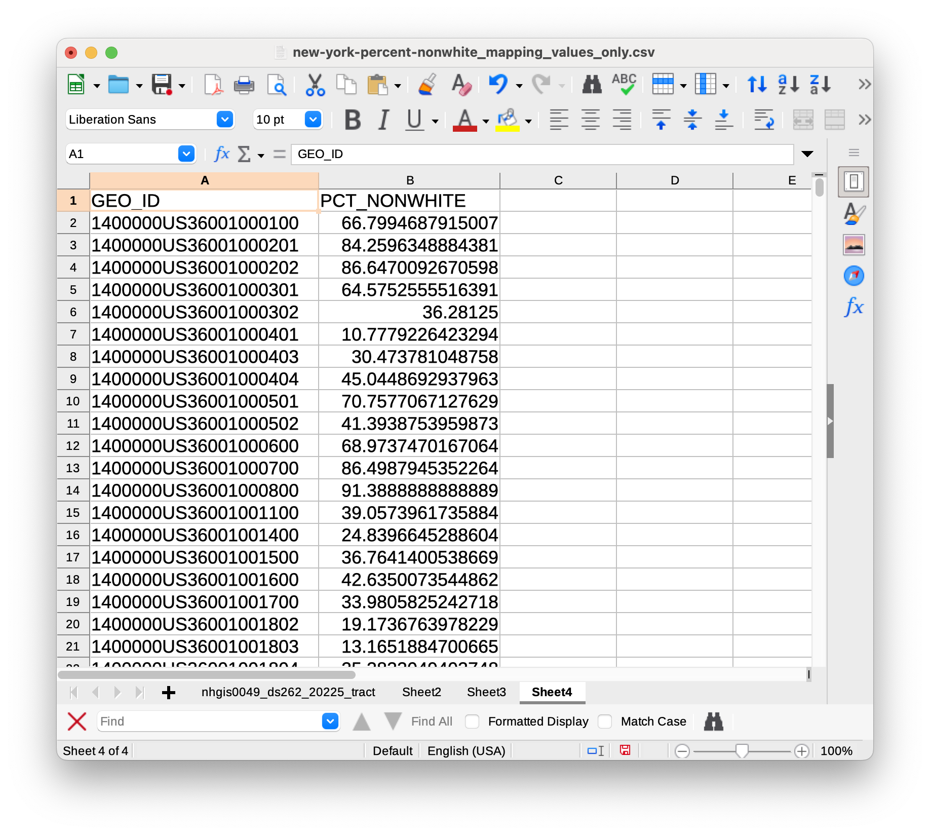 table formatted with only geoid and census value to map