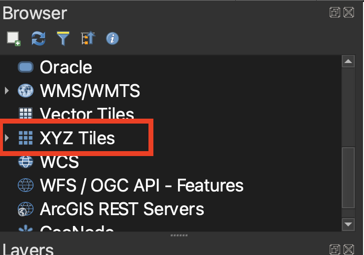 Screenshot of XYZ tiles in the QGIS browser menu interface