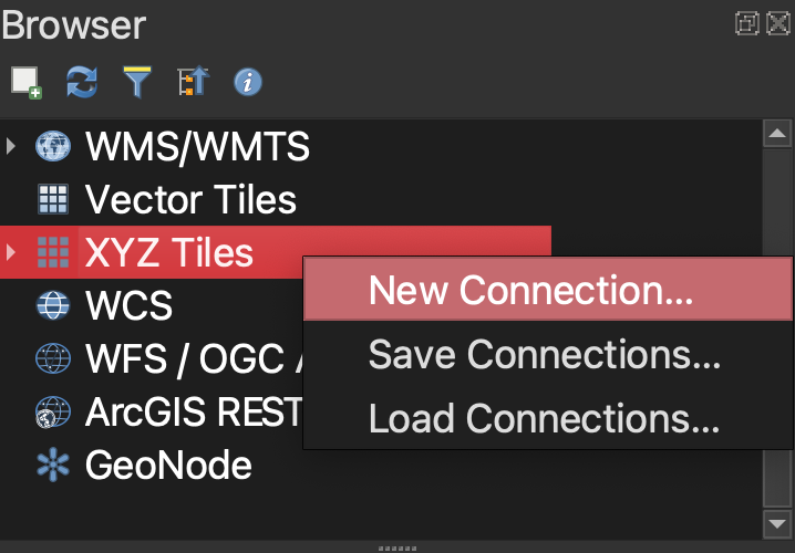 Screenshot of New XYZ tile connection menu option in QGIS