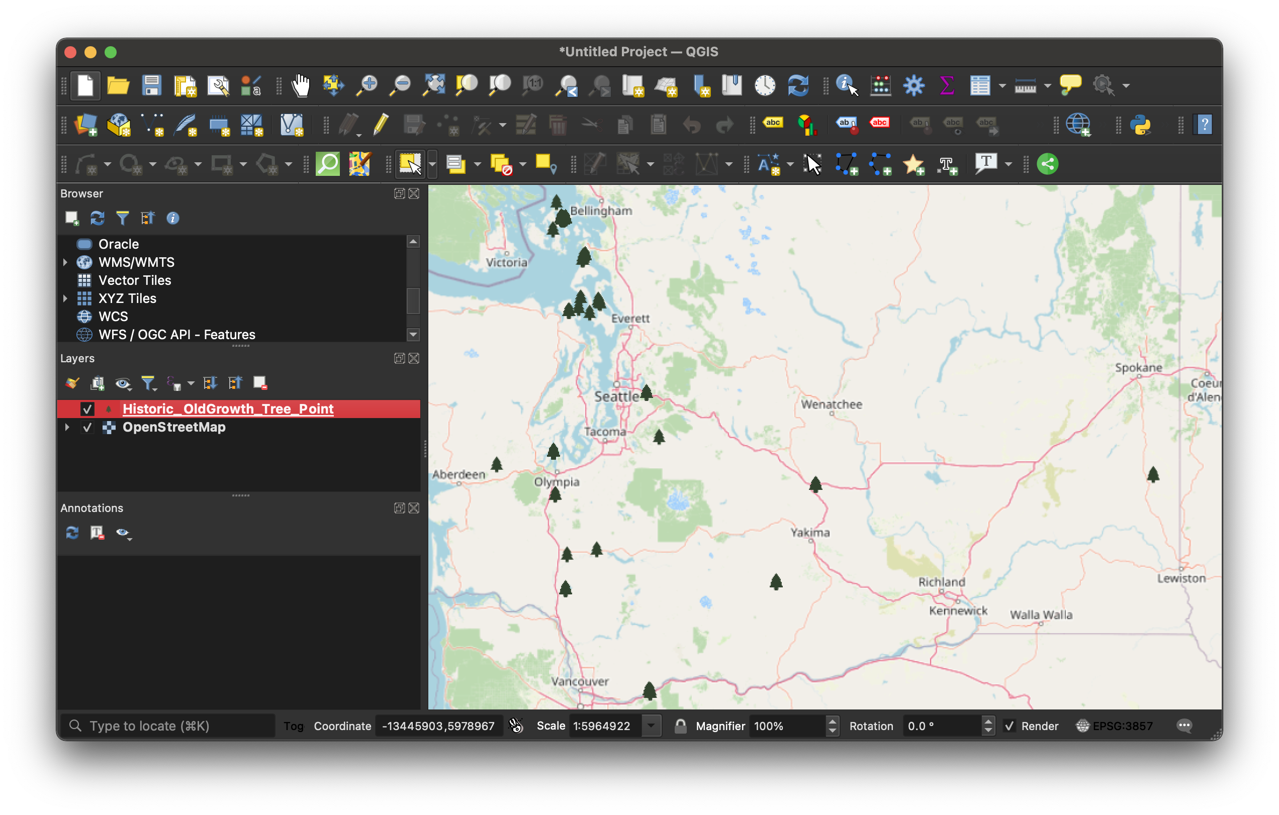 Screenshot of QGIS interface with point dataset of trees loaded in and appearing on the map