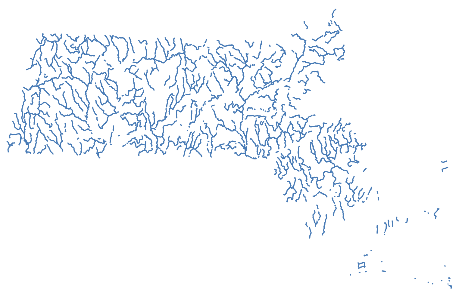 Map of all the major streams in Massachusetts