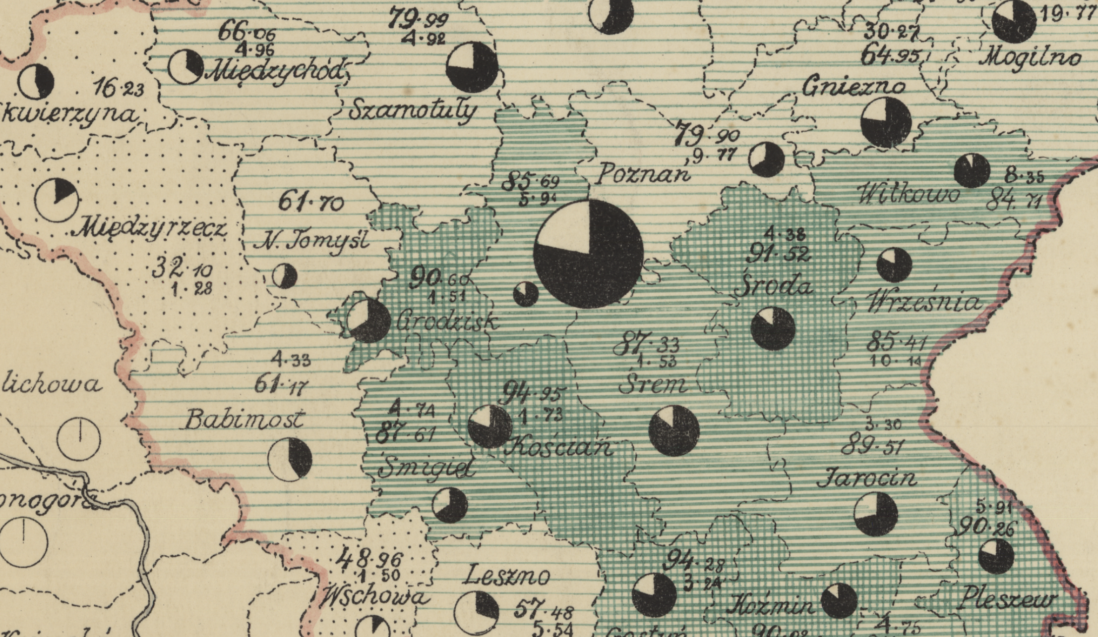 Screenshot of old hand-drawn map of Poland showing pie chart symbols for German vs. Polish schoolchildren
