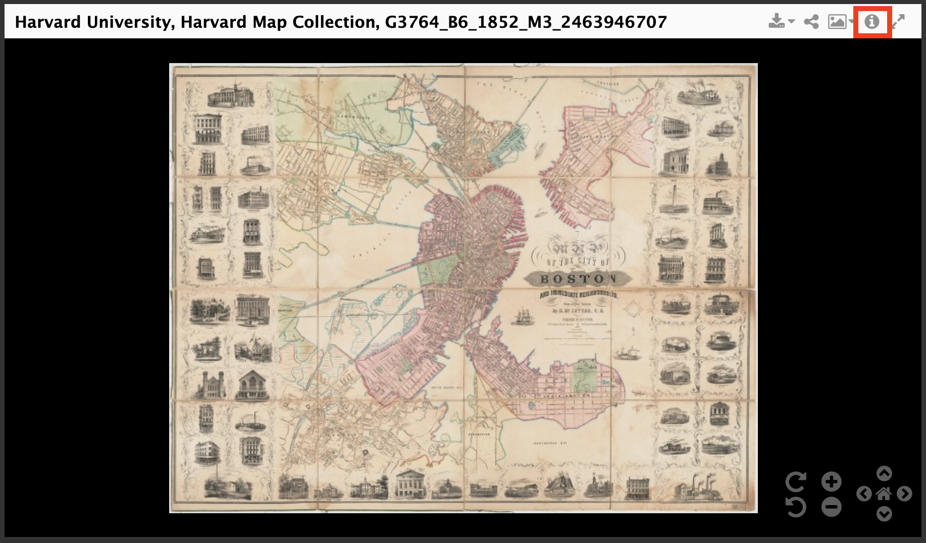 Digital collections image viewer with a red box around the metadata Tooltip represented by an i icon in the upper-right corner