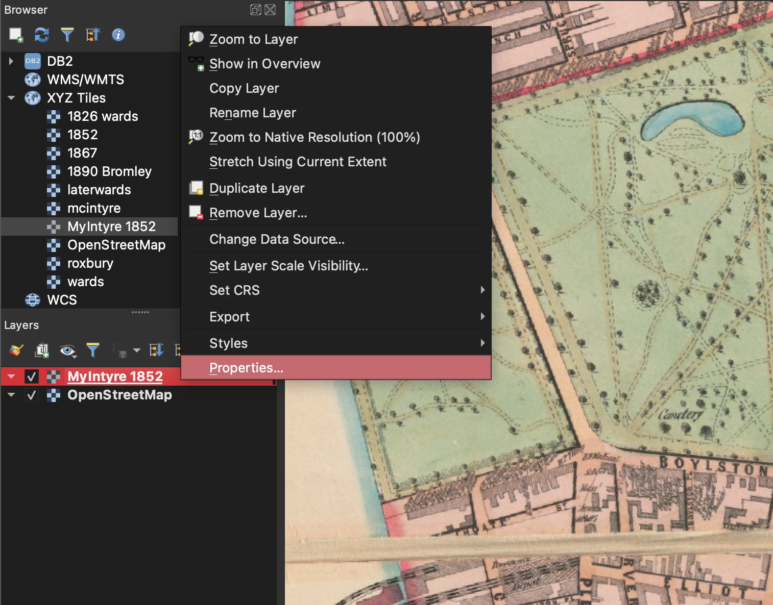 Screenshot of opening layer properties in QGIS