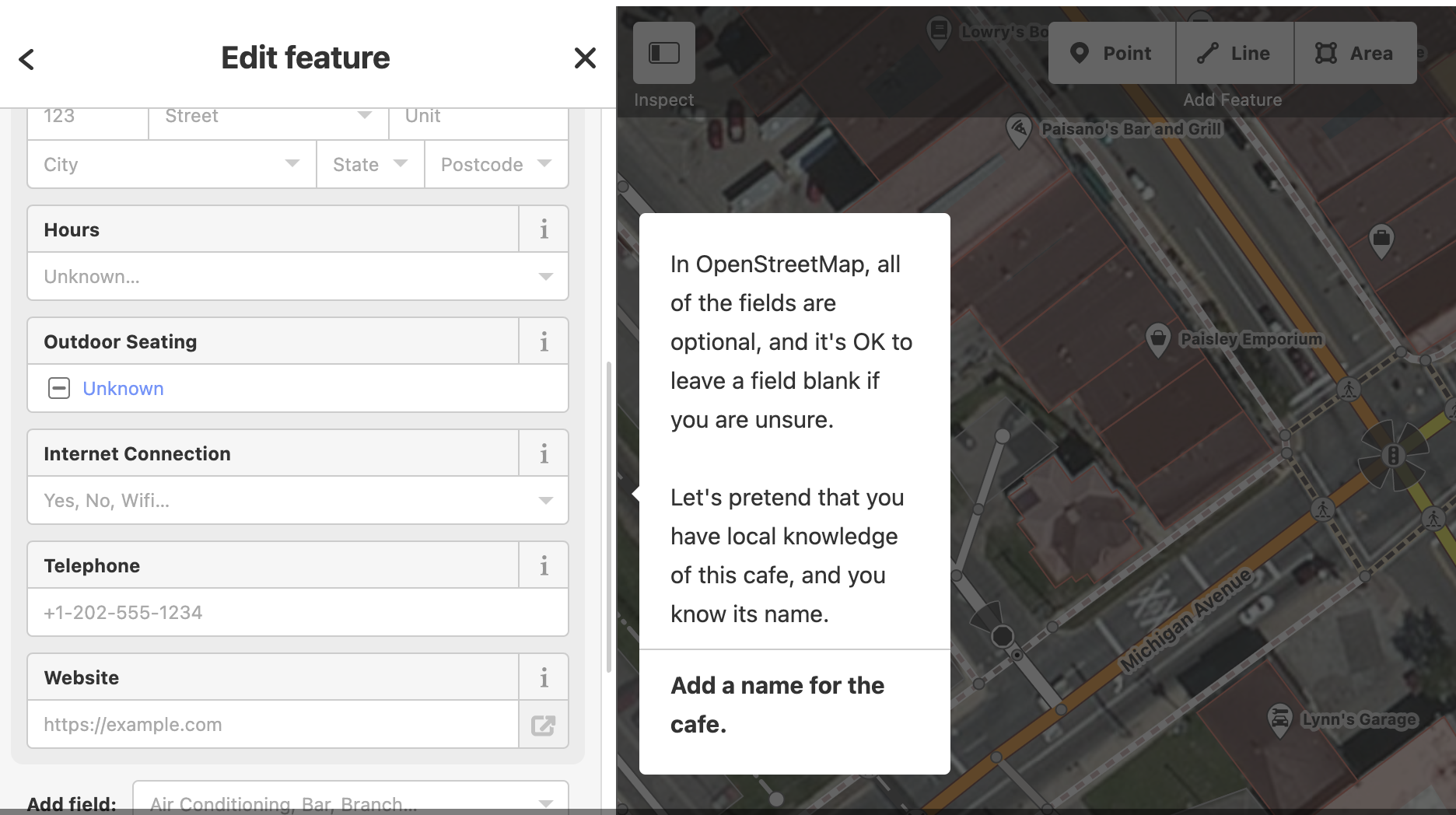 OpenStreetMap editor showing a map interface and a menu with text entry boxes