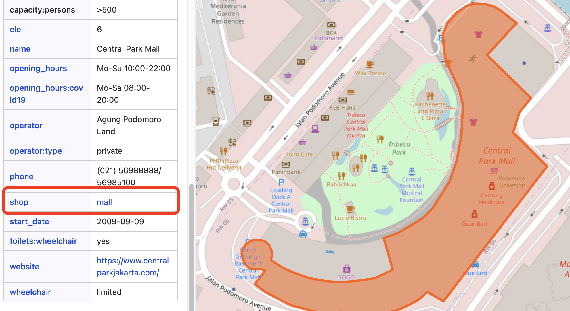 Screenshot of OpenStreetMap on a mall tagged correctly using the shop key