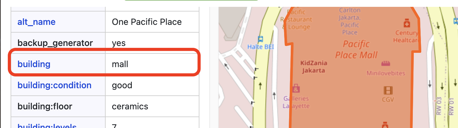 Screenshot of OpenStreetMap on a mall tagged incorrectly using the building key