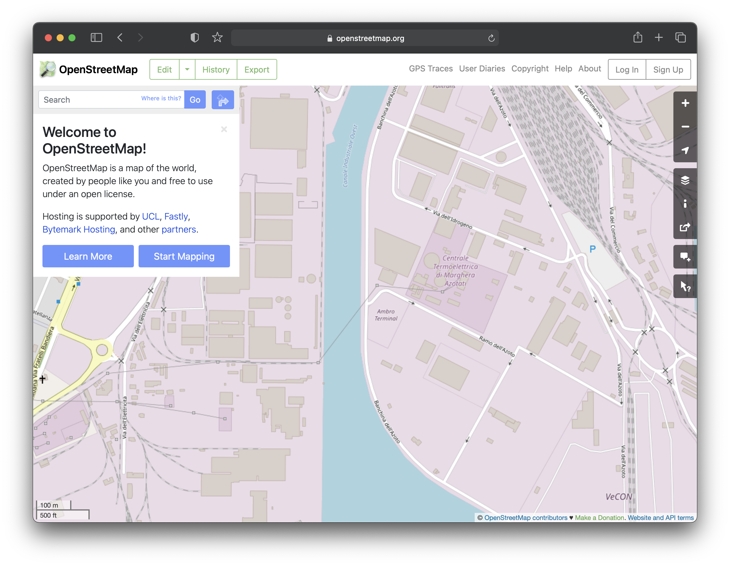 Screenshot of OpenStreetMap website zoomed in to show all the different roads, water features, places of interest, etc