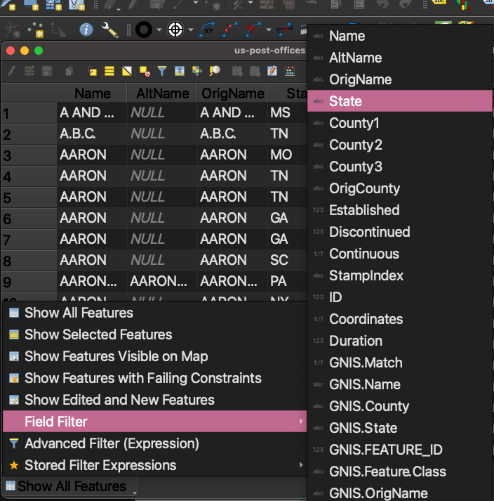 Use attribute table field filters in QGIS to subset data